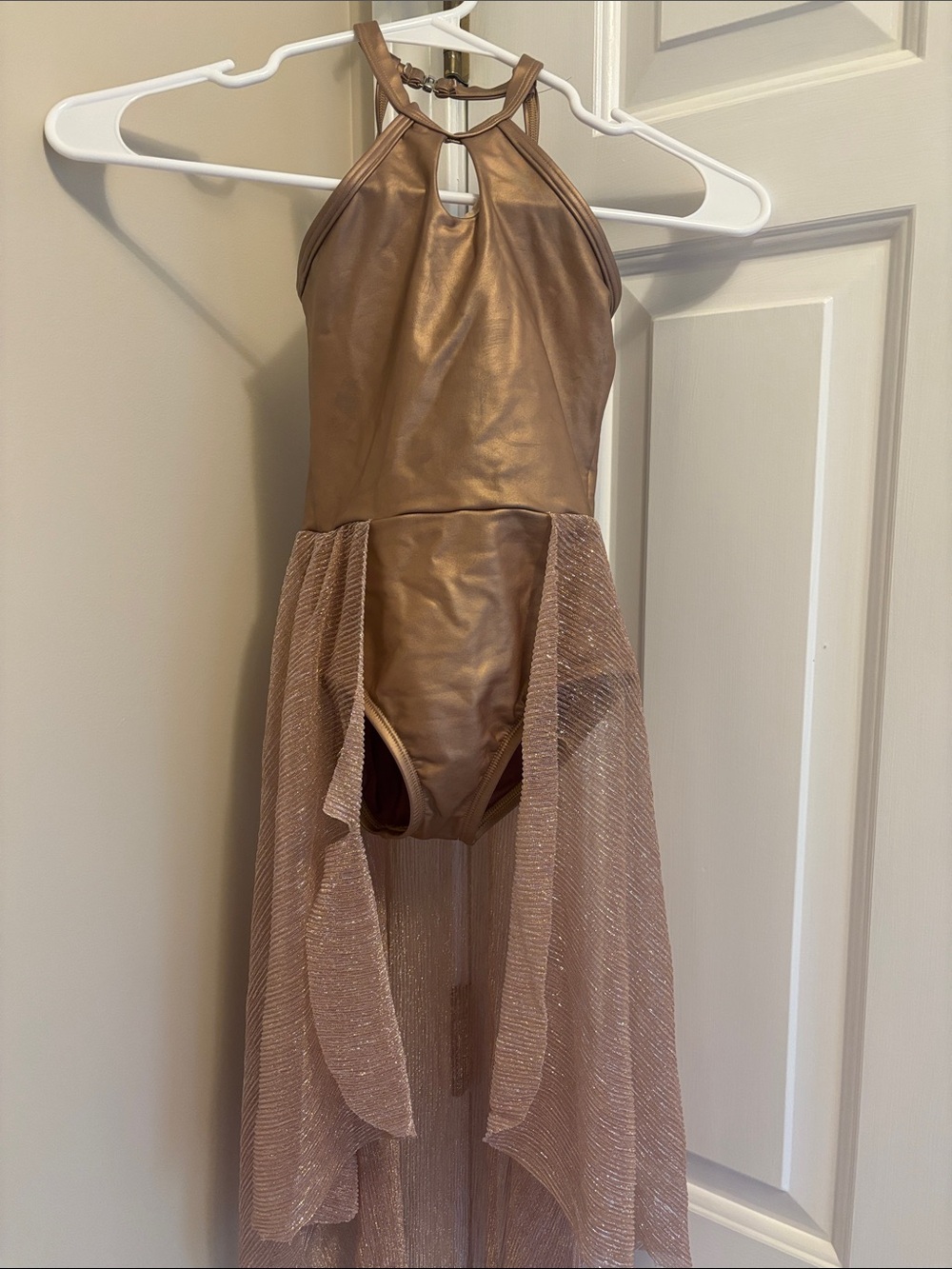 Girls Metallic Gold Halter Dance Costume with Attached Overlay Skirt
